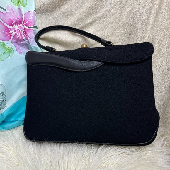 Vintage 1950s Mid-Century Crown Lewis Black Wool Bag Brass Closure Hand Shoulder - Picture 1 of 13